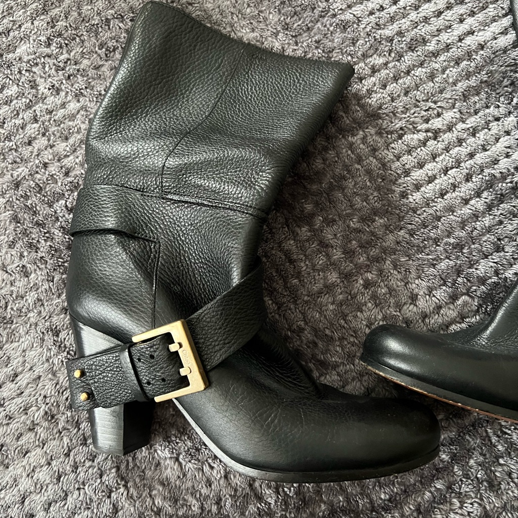 Chloe Leather Slip-On Boots With Gold Buckle. Size 38, Made In Italy.